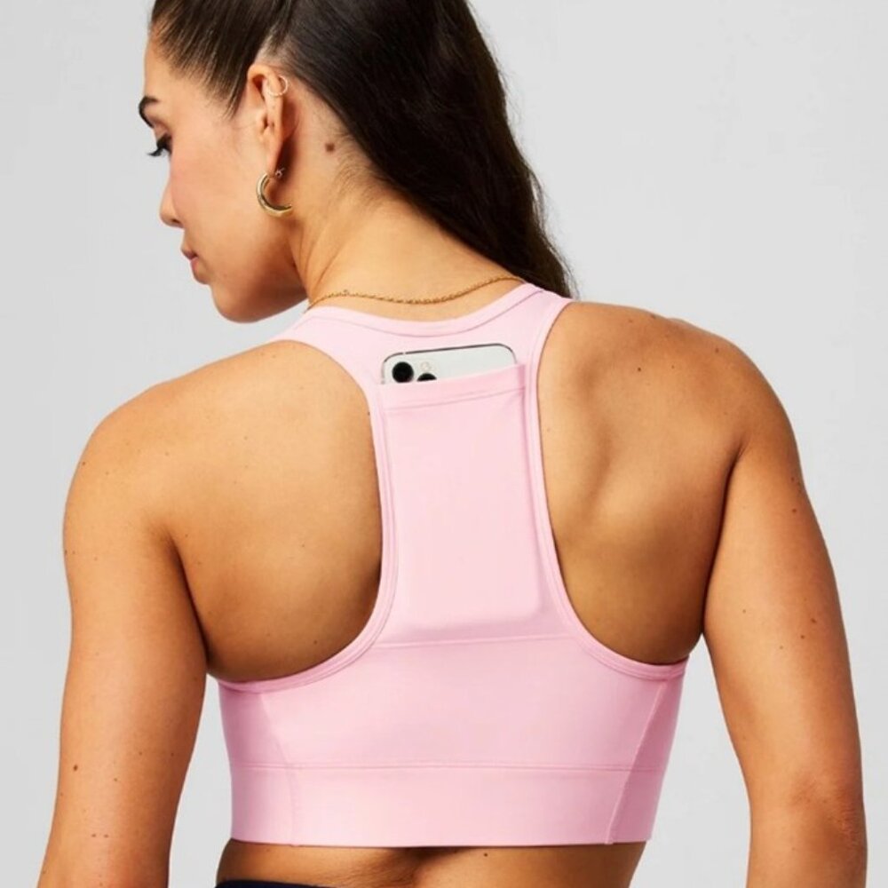 Fabletics On-The-Go Front Zip Medium Impact Sports Bra Sugar Pink Size Large - Picture 2 of 11